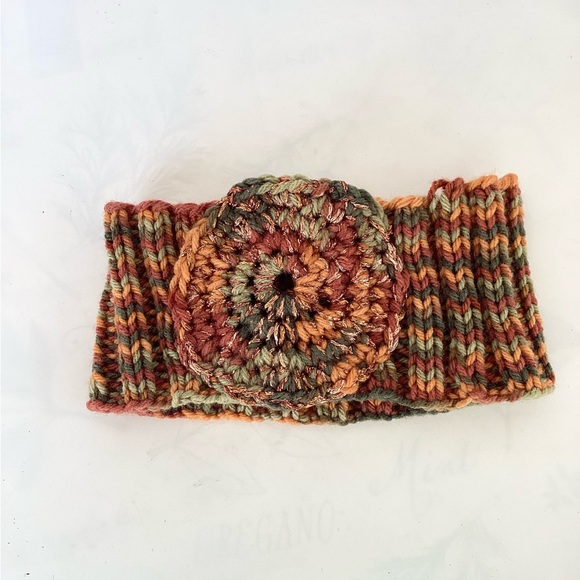 Headband Earwarmer Hand Crafted Multicolor Green Rust Bronze Orange Glitter Knit - Picture 10 of 15